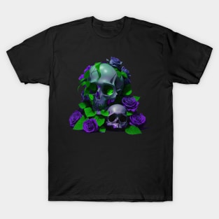 Aesthetic Skulls and Roses | Violet and Green T-Shirt